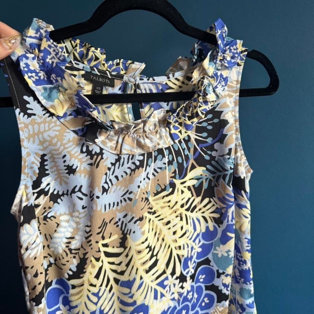 Talbots Ruffle Neck Blouse Women's Size XS Floral Blue Yellow Sleeveless Work - Picture 4 of 8
